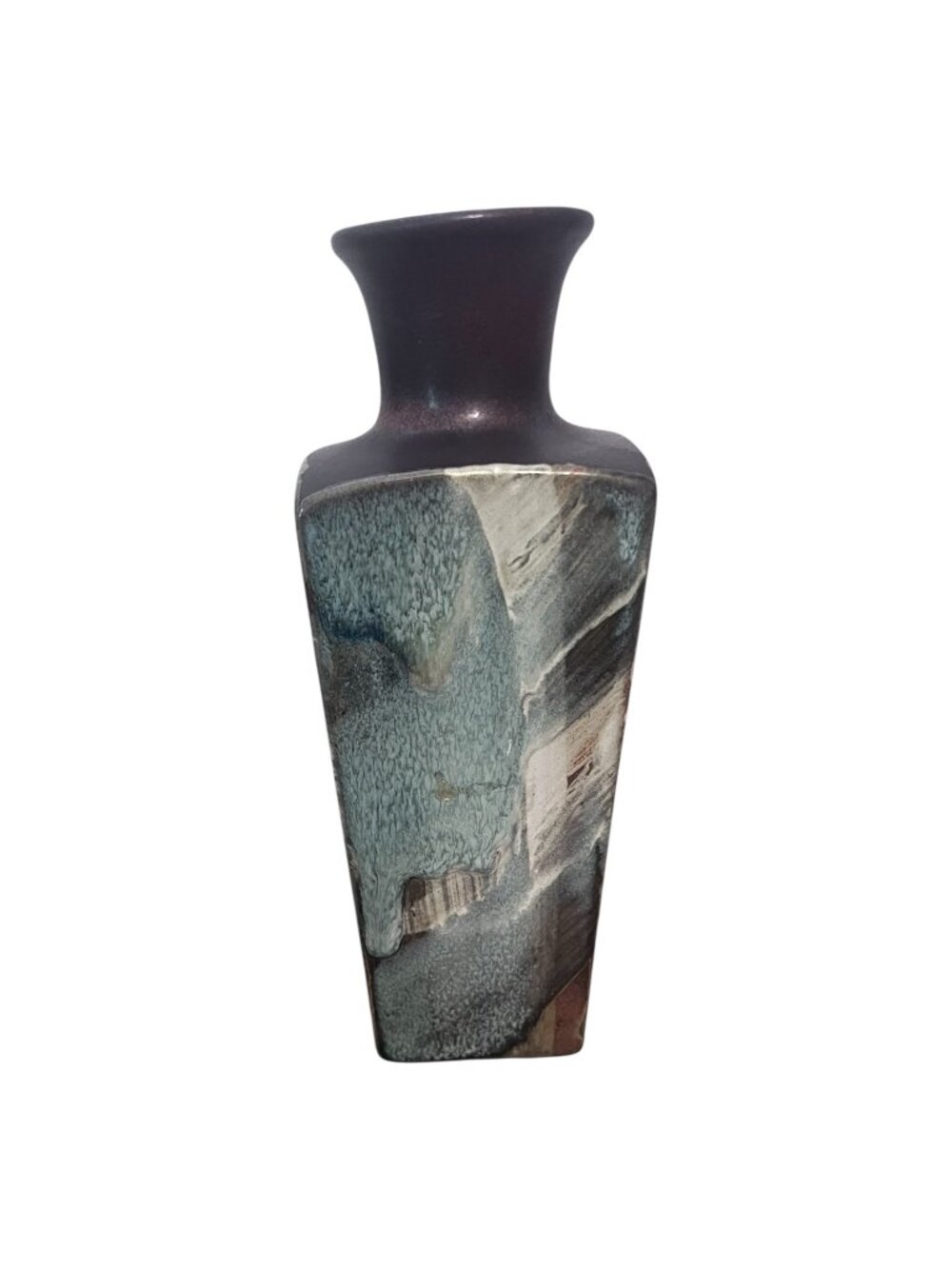 Abstract Ceramic Square Vase Heavy Drip Glaze Plum Blue Gray 10 Inch